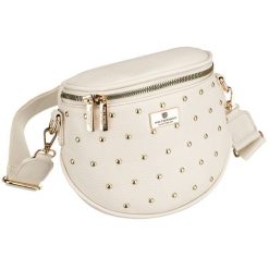 Jasnobeżowa nerka damska ze skóry ekologicznej ozdobiona ćwiekami - Peterson. Brązowe nerki i saszetki Peterson, bez wzorów, ze skóry ekologicznej, bez dodatków. Za 70.00 zł.