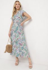 Biało-Niebieska Bawełniana Sukienka Boho z Gumką w Talii i Wzorem Paisley Sirrelia. Białe sukienki Born2be, l, bez wzorów, z bawełny, boho, bez kołnierzyka, bez ramiączek, maxi. W wyprzedaży za 38.49 zł.