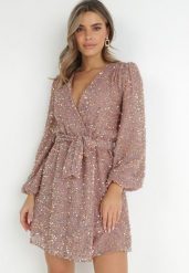 Różowa Sukienka Cekinowa z Kopertowym Dekoltem Cidoly. Czerwone sukienki Born2be, na co dzień, l, bez wzorów, eleganckie, bez kołnierzyka, bez ramiączek, mini, kopertowe. W wyprzedaży za 186.99 zł.