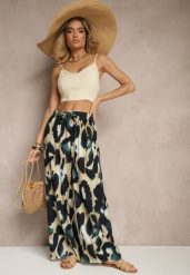 Zielone Szerokie Spodnie High Waist z Wiskozą w Panterkowy Wzór Zeviera. Zielone jeansy Renee, bez wzorów, z jeansu, eleganckie, z podwyższonym stanem. W wyprzedaży za 29.99 zł.