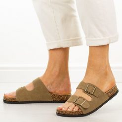 Khaki skórzane klapki damskie Potocki 30310. Brązowe klapki POTOCKI, bez wzorów, z jeansu, casualowe, bez obcasa, na płaskiej podeszwie, bez zapięcia. Za 149.00 zł.