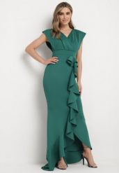 Zielona Asymetryczna Sukienka z Dekoltem V i Ozdobną Falbaną Efiola. Zielone sukienki Born2be, na co dzień, m, bez wzorów, eleganckie, z asymetrycznym kołnierzem, bez ramiączek, maxi, asymetryczne. W wyprzedaży za 152.99 zł.