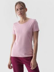 4F T-shirt slim z nadrukiem damski - różowy M. Czerwone t-shirty 4f, m, bez wzorów, z bawełny, klasyczne, bez kołnierzyka, bez ramiączek. W wyprzedaży za 39.99 zł.