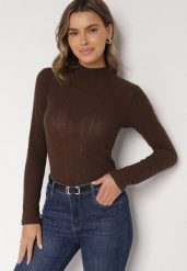 Brązowa Bluzka Longsleeve z Półgolfem z Półtransparentnej Tkaniny z Wiskozą Tuseana. Brązowe bluzki Born2be, l, bez wzorów, z jeansu, biznesowe, bez kołnierzyka, bez ramiączek. Za 99.99 zł.