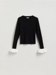 Sweter z ozdobną wstawką - czarny. Czarne swetry Reserved, l, bez wzorów, z dzianiny, bez ramiączek. Za 129.99 zł.