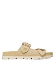 Guess Klapki FLTFST SUE03 Beżowy. Brązowe klapki Guess, z aplikacjami, ze skóry, bez obcasa, bez zapięcia. Za 549.99 zł.