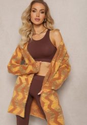 Brązowy Luźny Kardigan Niezapinany w Geometryczny Print Sheshy. Brązowe swetry Renee, bez wzorów, z dzianiny, eleganckie, bez ramiączek. W wyprzedaży za 111.99 zł.