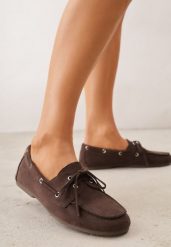 Ciemnobrązowe Mokasyny VICES z Wkładką ze Skóry Naturalnej ze Sznurowaniem Nairis. Brązowe mokasyny Renee, bez wzorów, z materiału, z okrągłym noskiem. Za 99.99 zł.