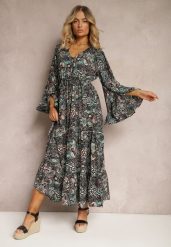 Czarno-Zielona Sukienka w Kwiatowy Print Rozkloszowana z Falbankami Airova. Czarne sukienki Renee, l, bez wzorów, z materiału, bez kołnierzyka, bez ramiączek, maxi, rozkloszowane. W wyprzedaży za 75.99 zł.