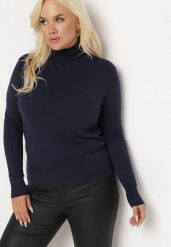 Granatowy Sweter z Golfem Sazerna. Niebieskie swetry Born2be, l, bez wzorów, z dzianiny, bez ramiączek. W wyprzedaży za 55.24 zł.