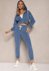Niebieski Komplet Dresowy z Bawełny Bluza z Kapturem i Spodnie Slim Inerisa. Niebieskie bluzy Renee, m, z aplikacjami, z bawełny, eleganckie, bez ramiączek, z kapturem. W wyprzedaży za 127.99 zł.