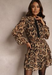 Brązowa Panterkowa Sukienka o Rozkloszowanym Kroju ze Stójką i Falbankami Labrette. Brązowe sukienki Renee, na co dzień, l, bez wzorów, eleganckie, bez kołnierzyka, bez ramiączek, mini, kopertowe. W wyprzedaży za 127.99 zł.