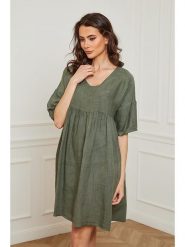 Joséfine Lniana sukienka "Dobby" w kolorze khaki rozmiar: XL. Brązowe sukienki Joséfine, xl, bez wzorów, ze lnu, bez kołnierzyka, bez ramiączek, midi. Za 128.25 zł.