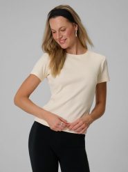 4F T-shirt slim z prążkowanej dzianiny damski - kremowy S. Białe t-shirty 4f, s, bez wzorów, z bawełny, eleganckie, bez kołnierzyka, bez ramiączek. Za 49.99 zł.