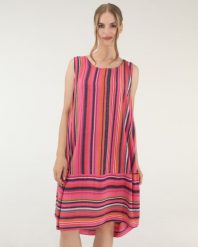 Sukienka mini w paski. Czerwone sukienki Unisono, s, bez wzorów, z tkaniny, bez kołnierzyka, bez ramiączek, mini. Za 129.00 zł.