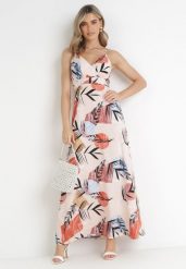 Różowa Rozkloszowana Sukienka Maxi z Kopertowym Dekoltem Gianina. Czerwone sukienki Born2be, l, bez wzorów, bez kołnierzyka, bez ramiączek, maxi, kopertowe. Za 99.99 zł.
