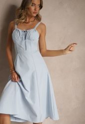Niebieska Koktajlowa Sukienka Gorsetowa Vices z Rozkloszowanym Dołem Kolinnea. Niebieskie sukienki Renee, na imprezę, l, z aplikacjami, eleganckie, bez kołnierzyka, bez ramiączek, midi, gorsetowe. W wyprzedaży za 119.99 zł.