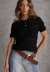 Czarna Wiskozowa Bluzka z Szydełkowym Wzorem Kołnierzykiem i Guzikami Lasthythia. Czarne bluzki Renee, bez wzorów, z koronki, bez kołnierzyka, bez ramiączek. Za 99.99 zł.