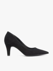 Czarne czółenka na szpilce. Czarne czółenka Ryłko, bez wzorów, z gumy, eleganckie, bez obcasa, na szpilce, bez zapięcia. Za 349.99 zł.