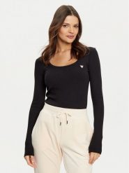 Guess Bluzka V4BP07 K8RT2 Czarny Rib Fit. Czarne bluzki Guess, s, z aplikacjami, z wiskozy, bez kołnierzyka, bez ramiączek. Za 139.99 zł.