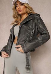 Szara Kurtka Ramoneska z Paskiem ze Sprzączką na Dole i Asymetrycznym Zapięciem Lysa. Czarne kurtki Renee, l, bez wzorów, z jeansu, eleganckie, bez kaptura. Za 209.99 zł.