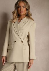 Jasnobeżowa Pudełkowa Marynarka Oversize o Dwurzędowym Fasonie z Dodatkowym Guzikiem Pasmira. Brązowe marynarki i żakiety Renee, m, z aplikacjami, z jeansu, eleganckie, bez ramiączek. W wyprzedaży za 203.99 zł.