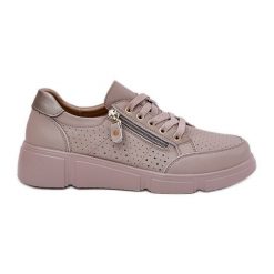 Skórzane Buty Sportowe Sneakersy Na Platformie Z Zamkiem Vinceza 88019 Ciemnobeżowe beżowy. Brązowe buty treningowe bez wzorów, ze skóry, bez zapięcia. Za 266.87 zł.