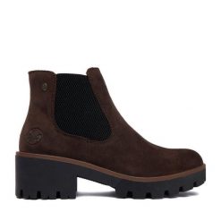Botki Rieker. Brązowe botki Rieker, bez wzorów, bez obcasa, na słupku, bez zapięcia. Za 399.99 zł.
