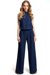 Granatowy Elegancki Kombinezon z Wysokim Kołnierzem. Niebieskie kombinezony MOE, l, bez wzorów, z elastanu, eleganckie, bez kołnierzyka, bez ramiączek. Za 306.90 zł.