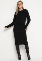 Czarny Komplet Dzianinowy Sweter i Ołówkowa Spódnica z Ozdobnym Splotem Sairens. Czarne swetry Born2be, s, bez wzorów, z dzianiny, eleganckie, bez ramiączek. W wyprzedaży za 101.99 zł.