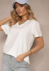 Biały T-shirt z Bawełny z Dekoltem w Serek Tanirea. Białe t-shirty Renee, xl, bez wzorów, z bawełny, bez kołnierzyka, bez ramiączek. W wyprzedaży za 35.99 zł.
