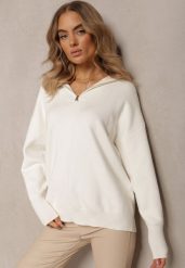 Biały Golf w Stylu Sweterkowym z Zamkiem na Dekolcie Davinde. Białe swetry Renee, m, bez wzorów, z tkaniny, casualowe, bez ramiączek. W wyprzedaży za 79.99 zł.