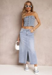 Jasnoniebieska Spódnica Maxi z Rozcięciem z Jeansu Vonuline. Niebieskie spódnice Renee, l, bez wzorów, z jeansu, eleganckie, maxi, sportowe. W wyprzedaży za 99.99 zł.
