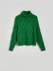 Sweter z ozdobnym splotem - zielony. Zielone swetry Reserved, l, bez wzorów, z dzianiny, bez ramiączek. W wyprzedaży za 109.99 zł.
