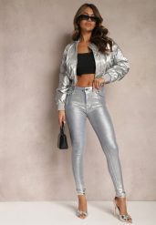 Srebrne Jeansy Push Up z Metalicznym Połyskiem Lireni. Szare jeansy Renee, s, bez wzorów, z jeansu. W wyprzedaży za 53.99 zł.
