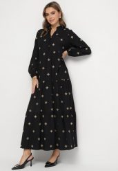 Czarna Sukienka z Wiskozy o Rozkloszowanym Kroju z Ozdobnym Haftem Nalariel. Czarne sukienki Born2be, l, z aplikacjami, z jeansu, eleganckie, bez kołnierzyka, bez ramiączek, maxi, rozkloszowane. W wyprzedaży za 111.99 zł.