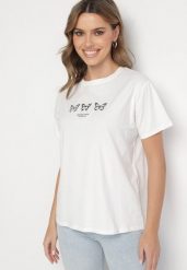 Biała Bluzka Bawełniana Oversize z Krótkim Rękawem i Aplikacją z Motylami Lornil. Białe bluzki Born2be, m, z aplikacjami, z bawełny, eleganckie, bez kołnierzyka, bez ramiączek. Za 49.99 zł.