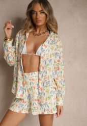 Beżowa Bawełniana Koszula w Kwiatowy Wzór Nilaira. Brązowe koszule Renee, l, bez wzorów, z bawełny, eleganckie, bez kołnierzyka, bez ramiączek. W wyprzedaży za 119.99 zł.