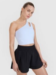4F Crop top treningowy na jedno ramię 4F x Anna Lewandowska - niebieski XL. Niebieskie topy sportowe 4f, uniwersalny, bez wzorów, z dzianiny, na fitness i siłownię. Za 99.99 zł.