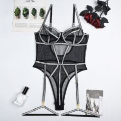 Body z siateczką i błyszczącą nitką na wieczorne wyjścia Semire. Czarne body i gorsety Intica, bez wzorów, z materiału, bez ramiączek. Za 139.00 zł.