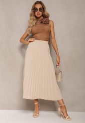 Beżowa Rozkloszowana Spódnica High Waist z Ozdobnymi Plisami i Gumką w Pasie Veratia. Brązowe spódnice Renee, na co dzień, l, bez wzorów, z tkaniny, eleganckie, maxi, proste. W wyprzedaży za 68.99 zł.