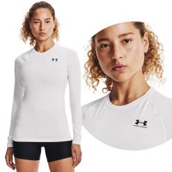Koszulka termoaktywna damska Under Armour kompresyjna longsleeve. Białe bielizna termoaktywna damska Under Armour, bez wzorów, bez ramiączek, do biegania. Za 169.99 zł.