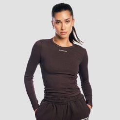 Koszulka damska fitness z długim rękawem slim brązowa Aura. Brązowe t-shirty sportowe GYMBEAM, l, bez wzorów, z dzianiny, bez ramiączek, na fitness i siłownię. Za 106.90 zł.