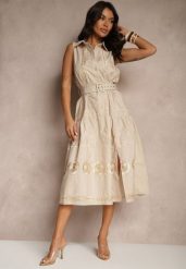Beżowa Sukienka o Koszulowym Kroju z Paskiem Zdobiona Haftem Talliera. Brązowe sukienki Renee, na co dzień, z aplikacjami, z poliesteru, eleganckie, bez kołnierzyka, bez ramiączek, midi, koszulowe. W wyprzedaży za 135.99 zł.