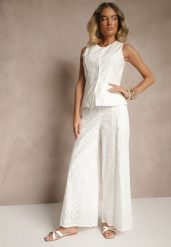 Białe Ażurowe Spodnie z Bawełny High Waist o Szerokim Kroju Evinassa. Białe jeansy Renee, l, w ażurowe wzory, z bawełny, eleganckie, z podwyższonym stanem. W wyprzedaży za 111.99 zł.