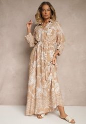 Ciemnobeżowa Sukienka z Koszulową Górą i Egzotycznym Printem z Wiskozy Meriviona. Brązowe sukienki Renee, na co dzień, l, bez wzorów, z materiału, eleganckie, bez kołnierzyka, bez ramiączek, maxi, koszulowe. W wyprzedaży za 107.99 zł.