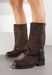 Brązowe Botki z Wywiniętą Cholewką i Paskiem z Klamerką Lunarise. Brązowe botki Born2be, bez wzorów, z jeansu, bez obcasa, na płaskiej podeszwie, bez zapięcia. Za 179.99 zł.