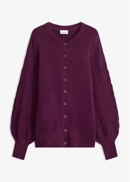 Sweter rozpinany ażurowy. Fioletowe swetry bonprix, w ażurowe wzory, bez ramiączek. Za 129.99 zł.