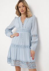Jasnoniebieska Sukienka Mini z Ażurowymi Wstawkami i Gumką w Talii Raliasa. Niebieskie sukienki Born2be, na imprezę, m, w ażurowe wzory, z koronki, boho, bez kołnierzyka, bez ramiączek, mini, rozkloszowane. Za 249.99 zł.