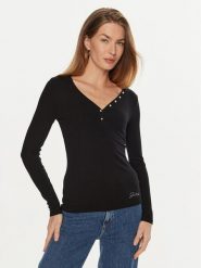 Guess Bluzka Kyla W4BP51 KBCO2 Czarny Regular Fit. Czarne bluzki Guess, xs, z aplikacjami, z wiskozy, bez kołnierzyka, bez ramiączek. Za 209.99 zł.